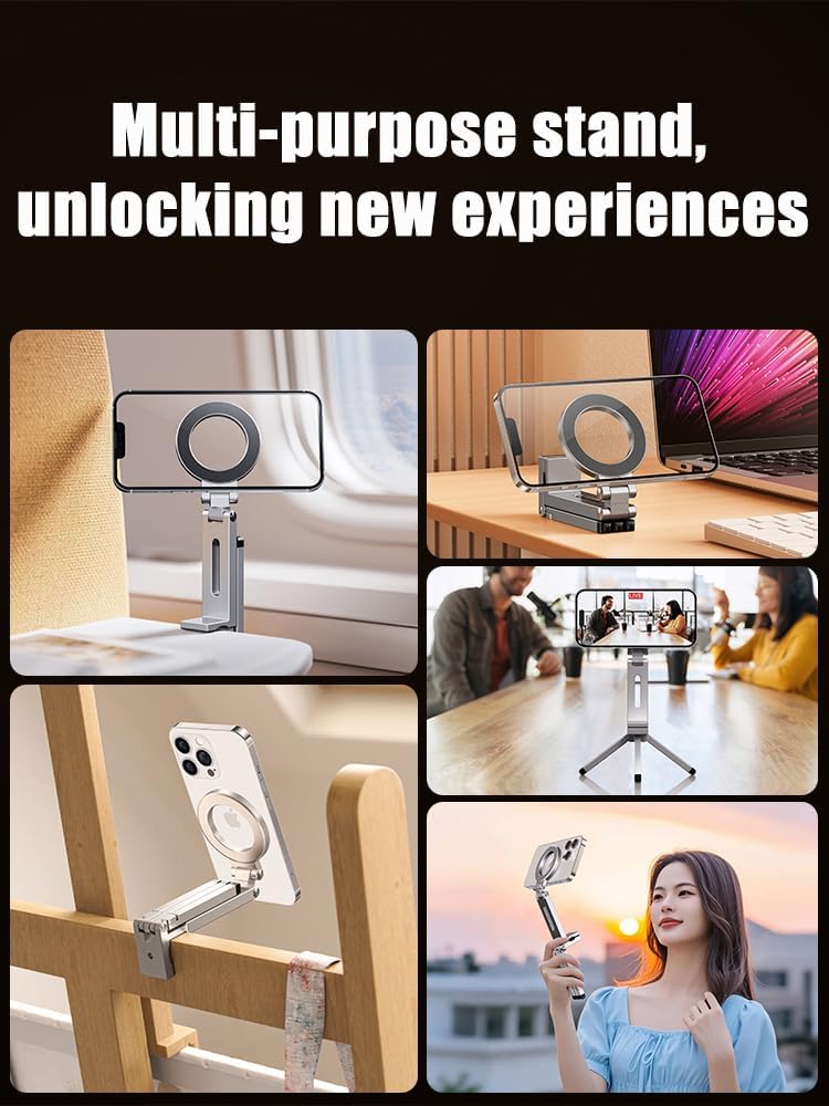 Magnetic Tripod for iPhone, Multi-Functional 360° Rotating Phone Tripod Stand, Clipable, Foldable and Triangular Fixing Airplane Travel Essentials Phone Holder