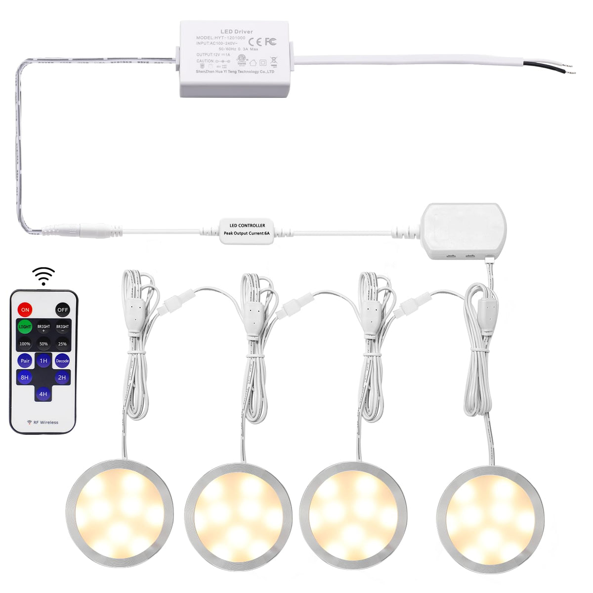 AIBOO Linkable LED Under Cabinet Lights Direct Wired 12V Slim Aluminum Dimmable Puck Lights with RF Remote Control for Accent Lighting (4 Lights, Warm