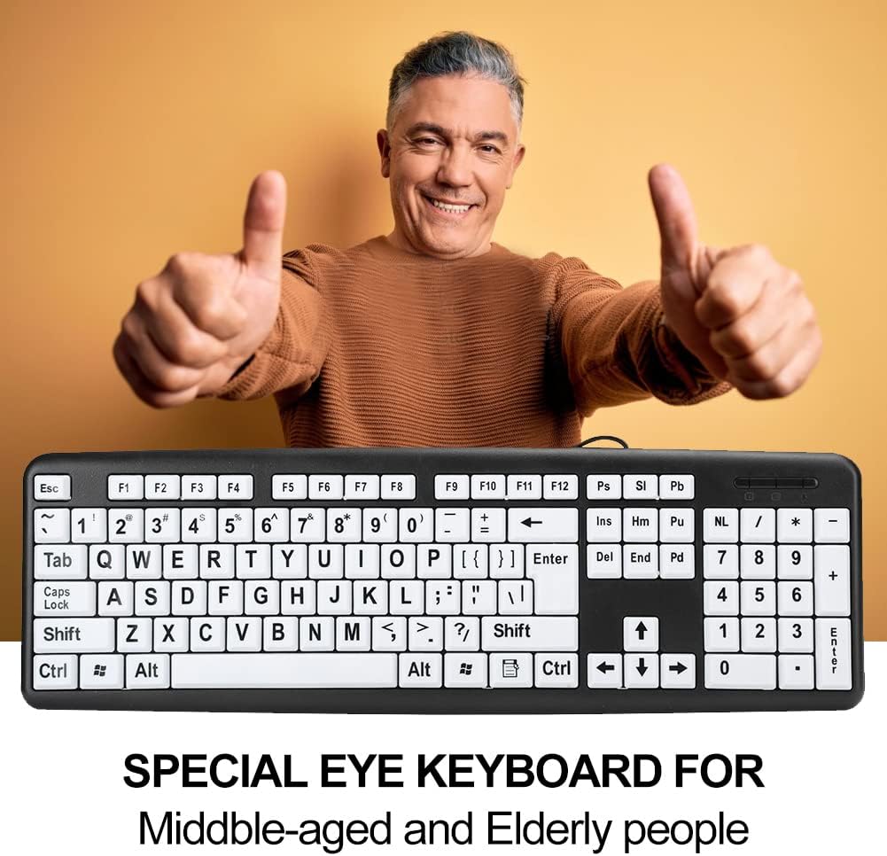 Black USB Wired Computer Keyboard, Low Vision Keyboard with White Large Print Keys
