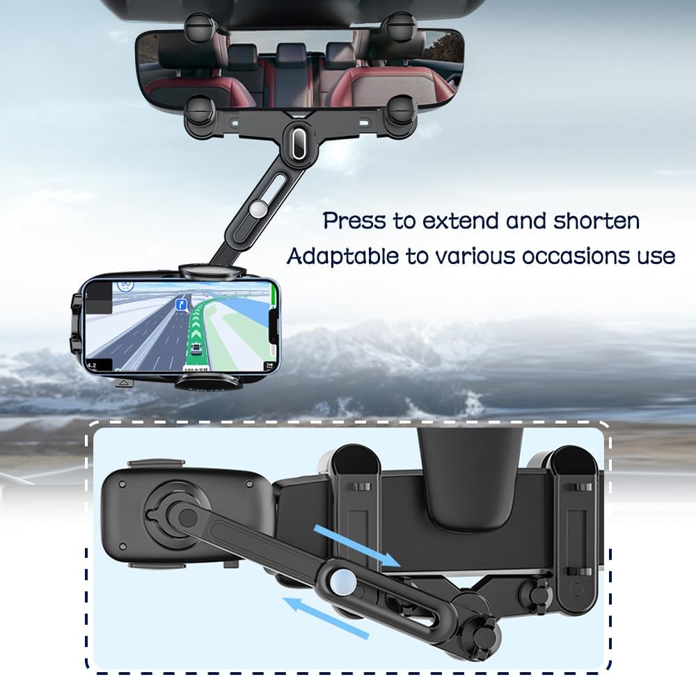 Rear View Mirror Phone Holder, 360° Rotatable + Retractable Universal Multifunctional Phone Mount for All Cars