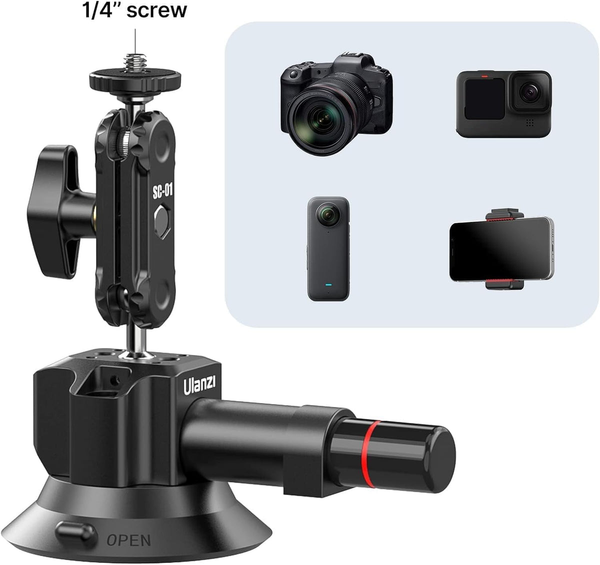 UURig SC-01 Suction Mount 3" for Vlogging Action Camera Car w Smartphone Clamp Compatible with DJI OSMO Pocket 3/OSMO 360/Insta 360 x5/iPhone 16 15 14 13 Pro Max, 1/4" Magic Arm Car Windshield Window