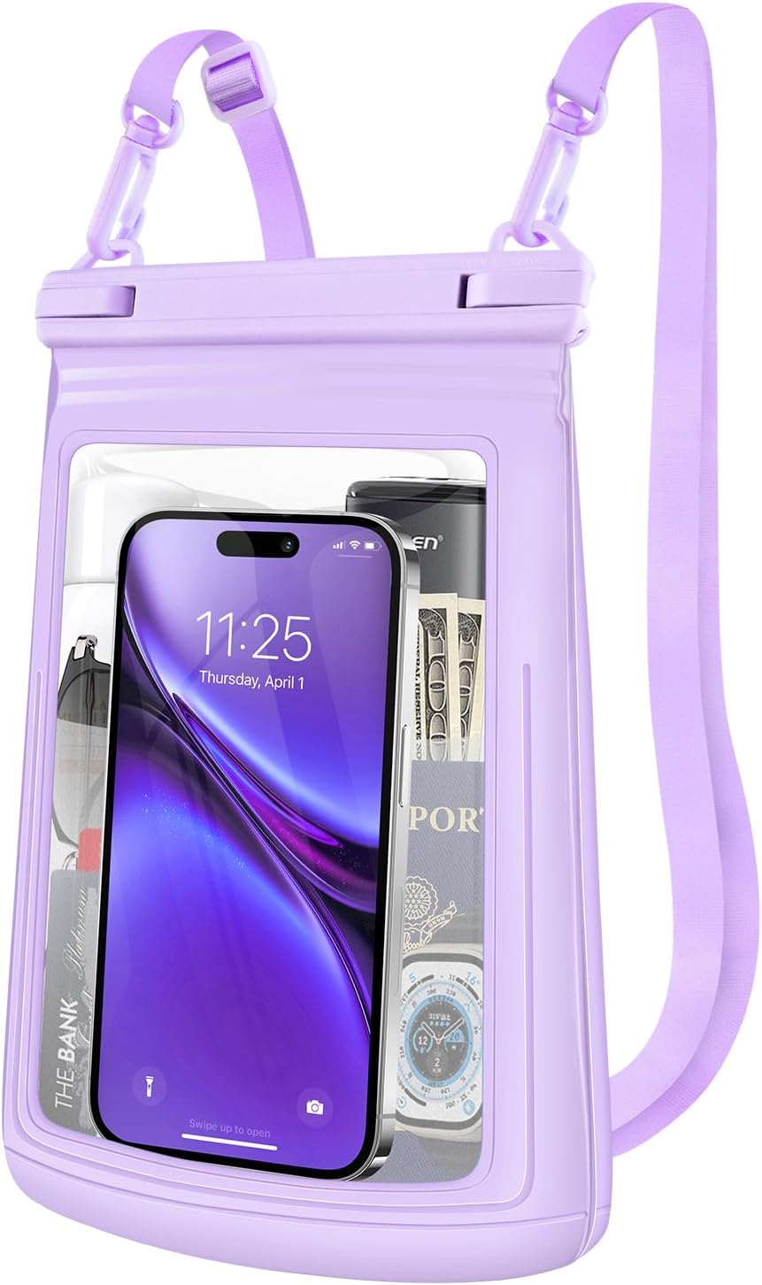 2L Floating Waterproof Phone Pouch for Up to 7.5", Large Space Adjustable Neck Lanyard Waterproof Bag. Dry Bag for Family Vacations, Beach, Pools, Kayaking, Cruises (Purple)