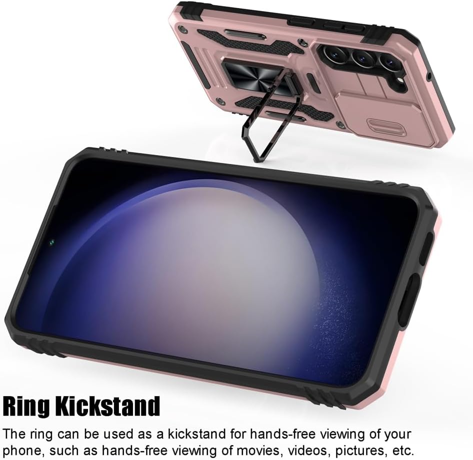 Shockproof Phone Case for Samsung Galaxy S23 with Sliding Camera Cover & Rotatable Ring Holder Kickstand + Tempered