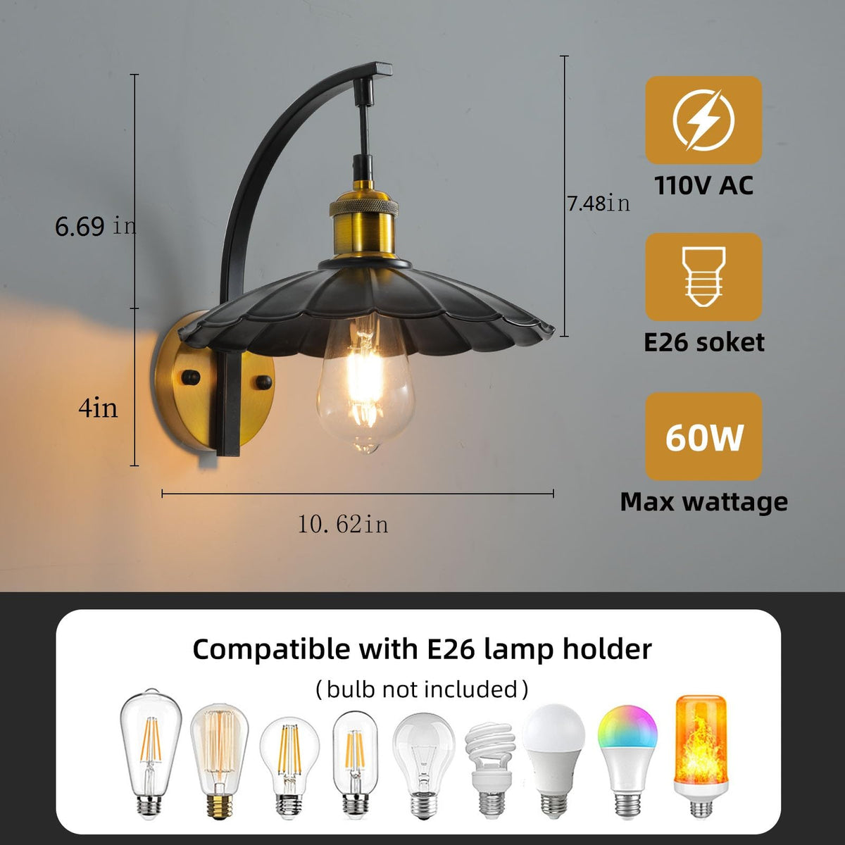 HOREVO Industrial Wall Sconces, Vintage Wall Light Fixtures with Scalloped Metal Shade, Matte Black & Gold Wall Mounted Lamp for Bedroom, Farmhouse