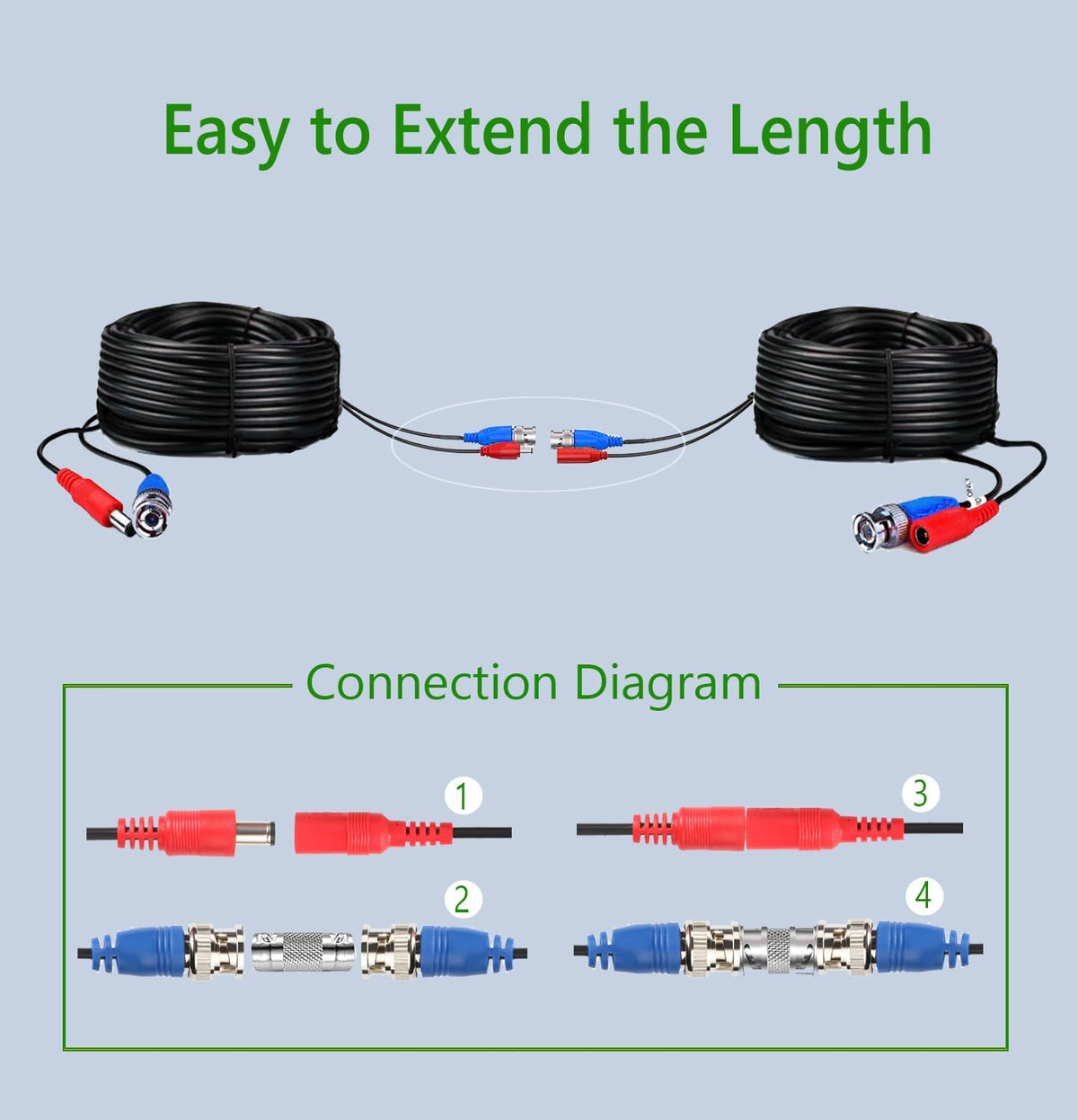 2-Pack 60ft Black Pre-Made All-in-One BNC Male to Male Video and Power Cable Wire Cord with RCA Connector for CCTV Security Camera