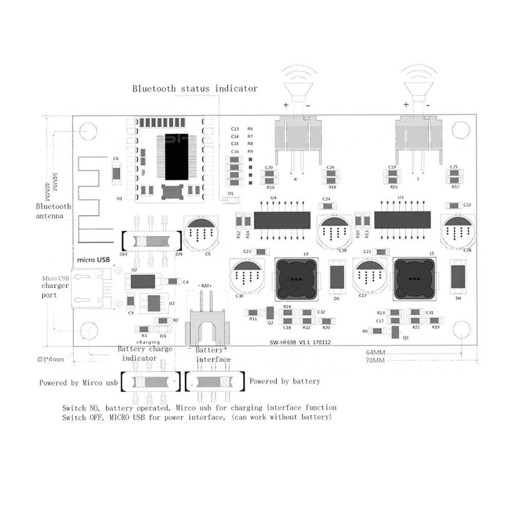Bluetooth Power Amplifier Board 2 6W DC 5V/3.7V Lithium Battery Management HF69B for 4 , 6 , 8 Speakers