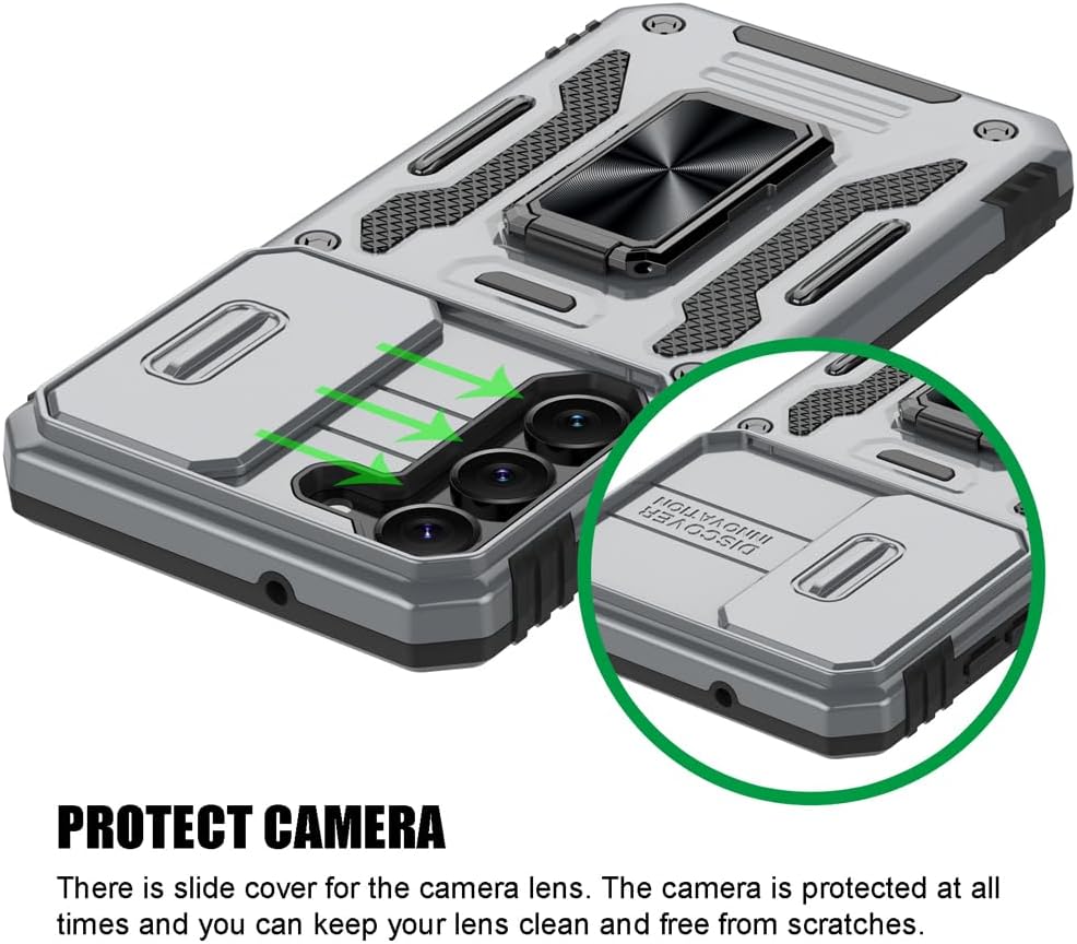 Samsung Galaxy S23 Case, Gray Shockproof Phone Case with Sliding Camera Cover & Rotatable Ring Holder + Screen Protector