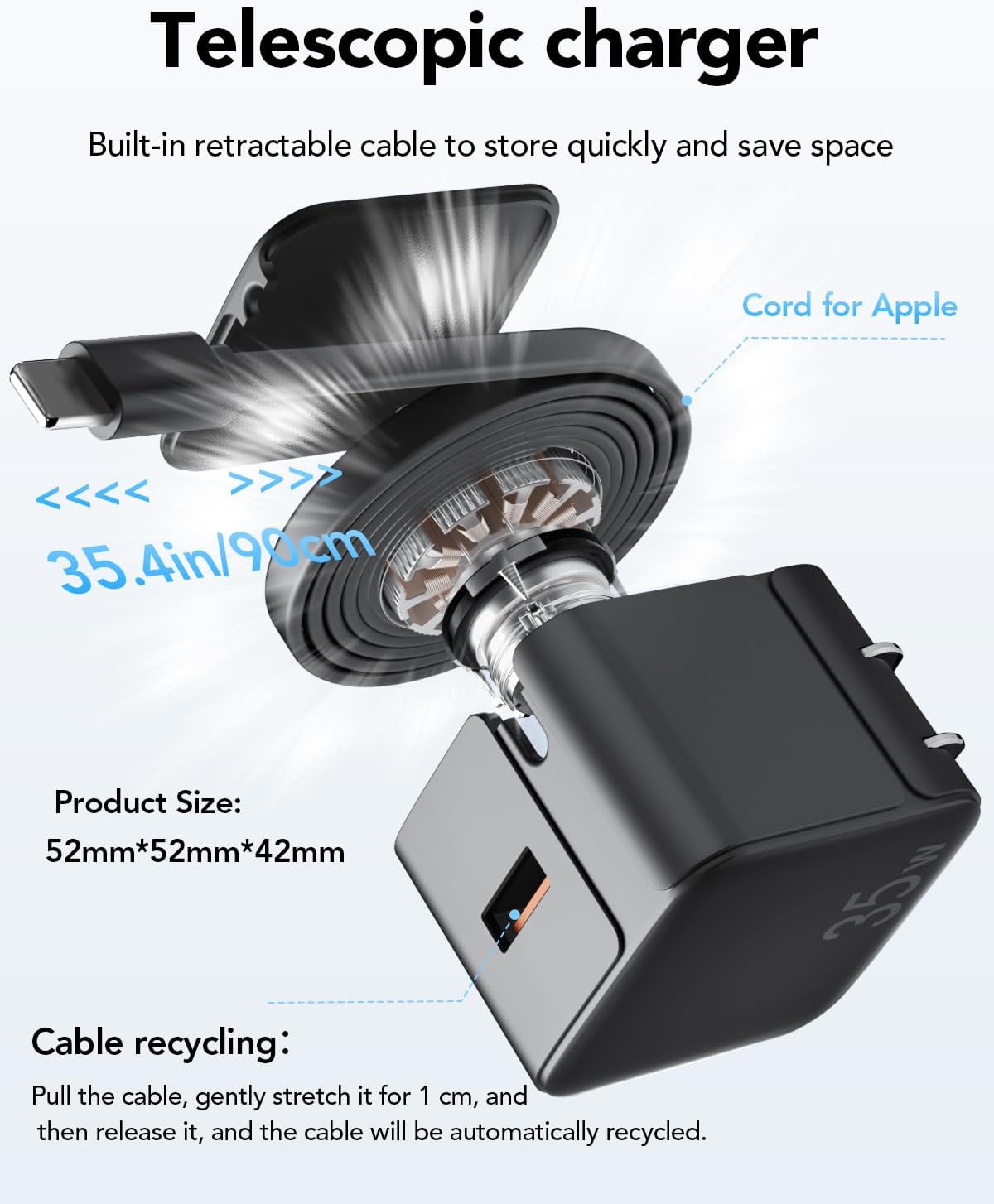 Retractable Wall Charger Block for iPhone, 35W PD Fast Charger with Retractable Lightning Cable and USB Port for iPhone
