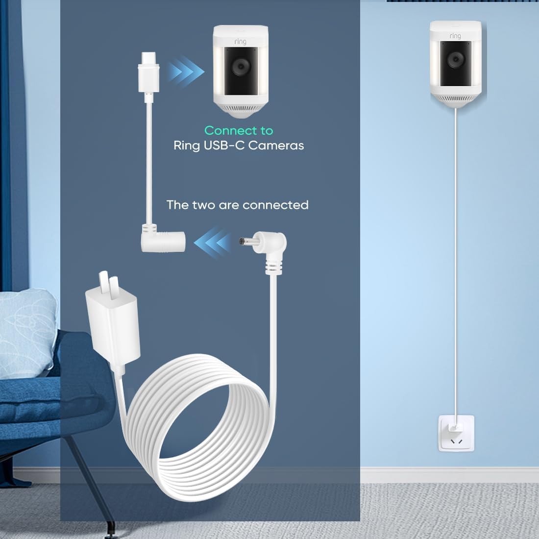 HNncheny Camera,17Ft Power Adapter Compatible Ring Type C Power Cable -White (USB Port)