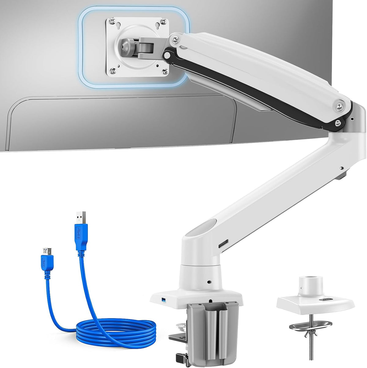 HUANUO Single Monitor Arm for 40 inch Screens, Ultrawide Computer Monitor Mount Holds 26.48 lbs, Upgraded Adjustable Stand with USB, C-Clamp & Grommet Base, VESA 75x75 or 100x100mm