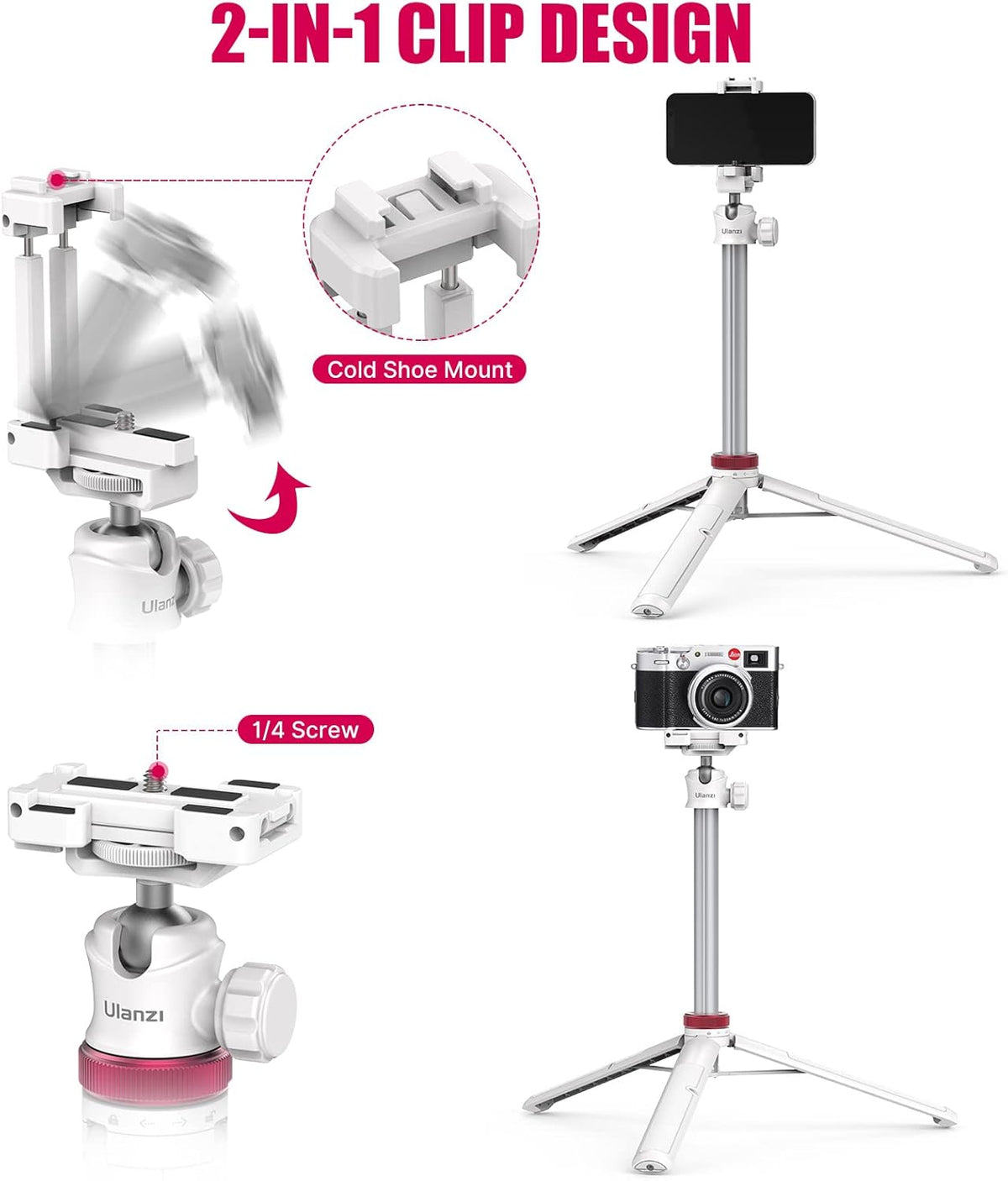 ULANZI MT-44 Extendable Phone Tripod, 59" Selfie Stick Portable Vlog Tripod Stand with 2 in 1 Phone Clip 1/4" Screw, 360° Ball Head Camera Tripod for DJI Pocket Sony Canon Action Fujifilm, White