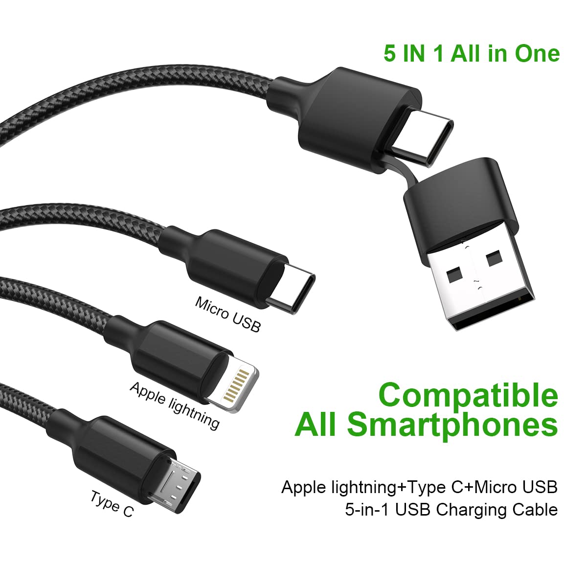 Multi 5 in 1 Universal USB Fast Charging Cable, 1.8M/6FT Nylon Braided Sync Charger Cord for Android/iPhone