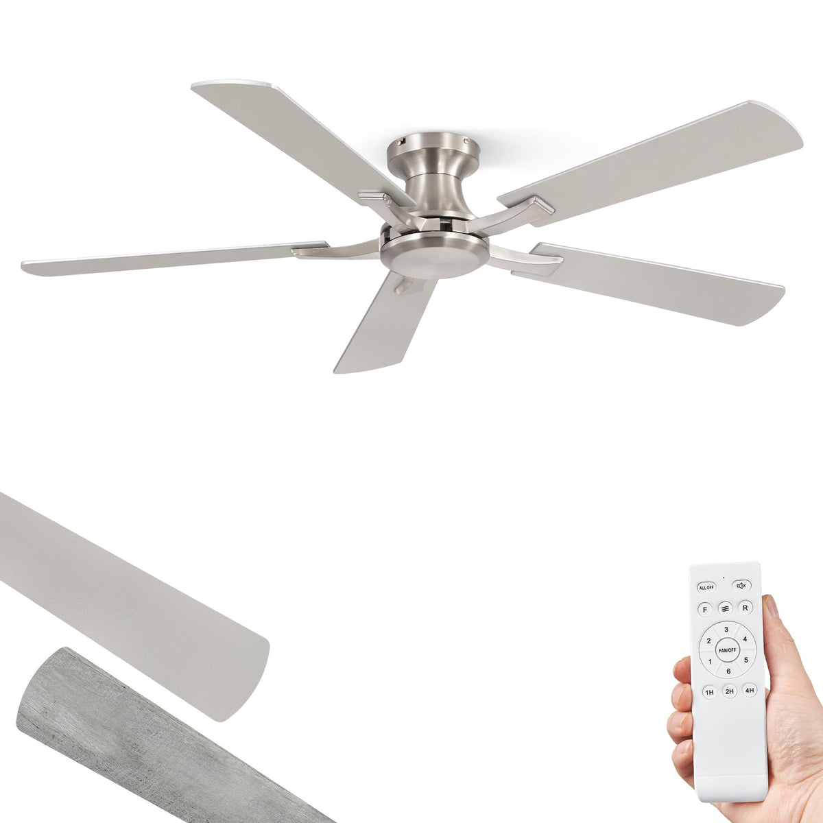 ZMISHIBO 52 Inch Ceiling Fan No Light, Flush Mount Low Profile, Modern Nickel Ceiling Fan Without Light, Remote Control & Quiet