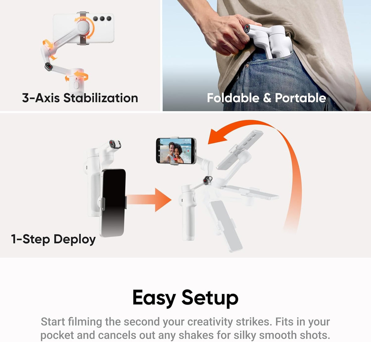 Insta360 Flow 2 White - Foldable AI Phone Gimbal, AI Tracking, Multi-Person Tracking, Built-in Tripod/Selfie Stick, Remote Control, iPhone/Android Portable Stabilizer