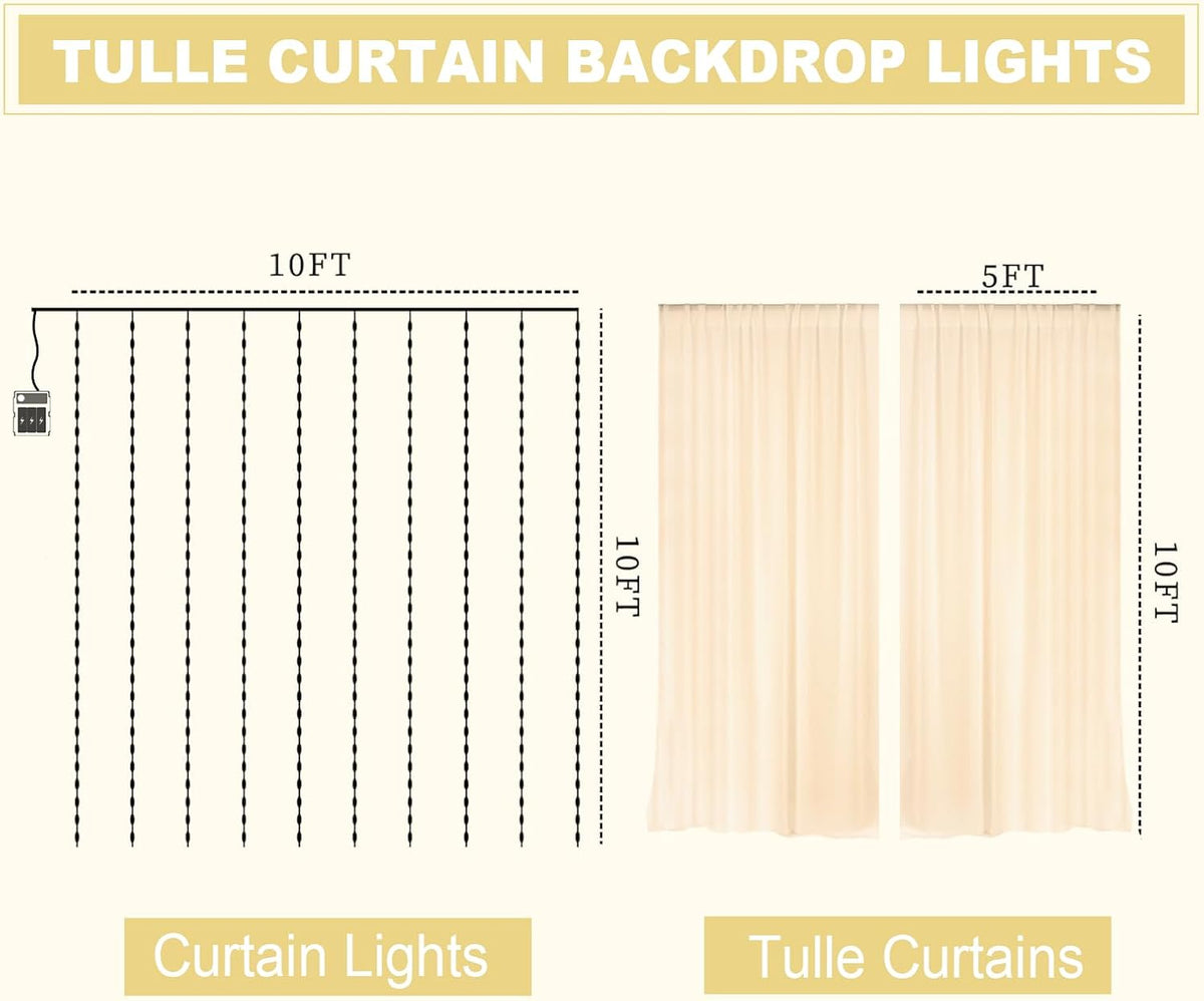 EMART 10x10ft Champagne Tulle Backdrop Curtains with Lights String,Sheer Backdrop Curtains for Wedding, Baby