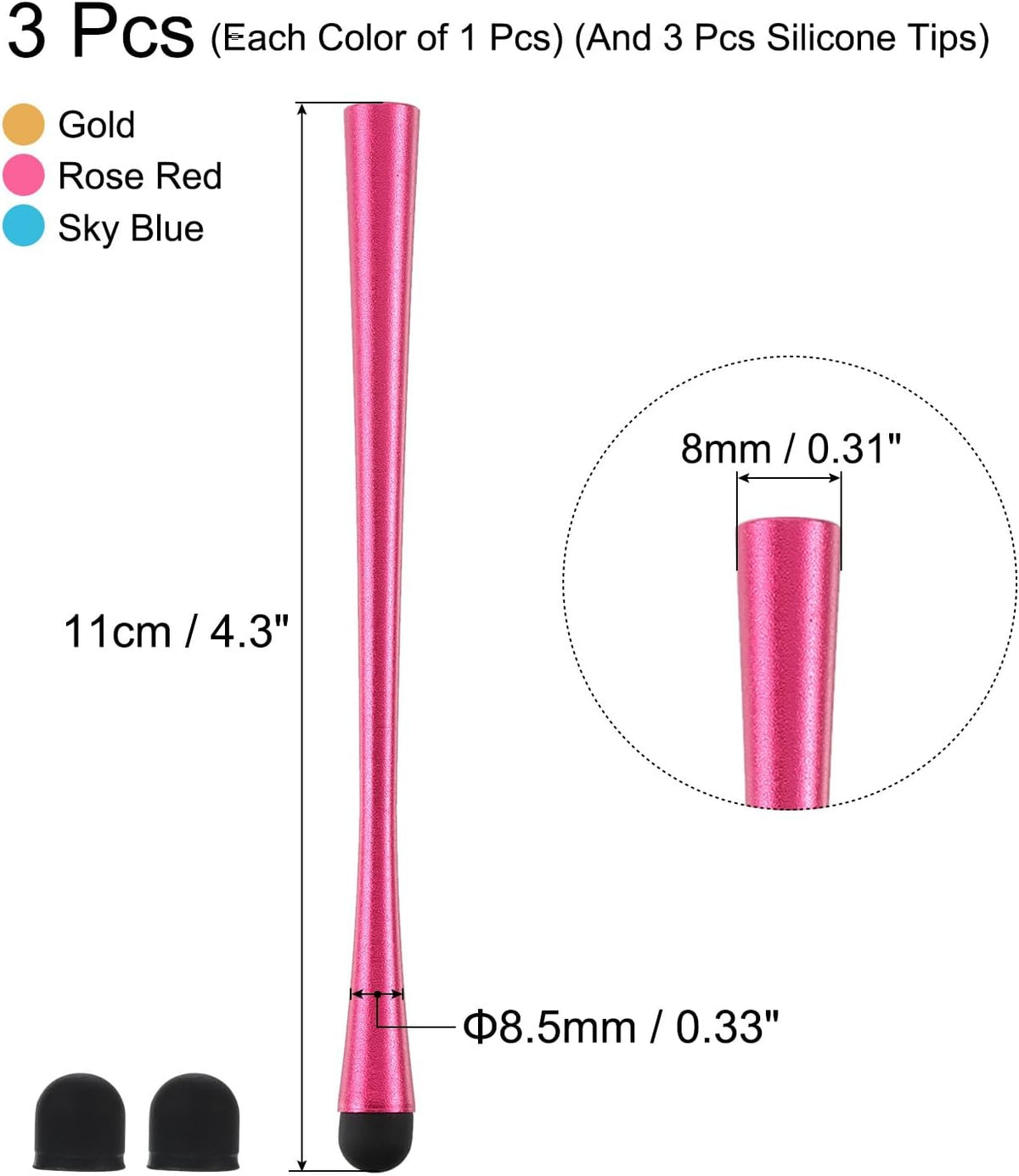 MECCANIXITY 3pcs Stylus Pens for Touch Screens, Slim Universal Capacitive Pen with 3 Extra Tips, Blue/Gold/Red