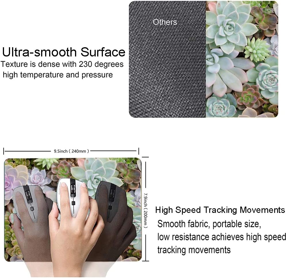Mouse Pad, Cute Succulent Cactus Plants Mouse Pads, Square Washable Cloth Personalized Mouse Mat with Design, Gaming Office Home Non-Slip Rubber Base Computer Mousepad