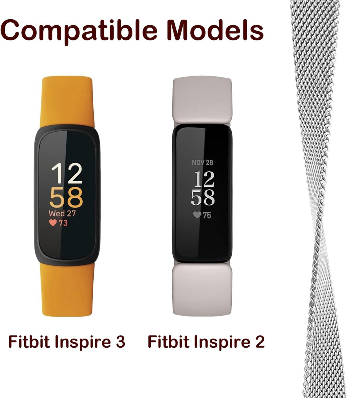 Metal Band for Fitbit Inspire 3 & Inspire 2, Breathable Stainless Steel Mesh Loop Adjustable Strap