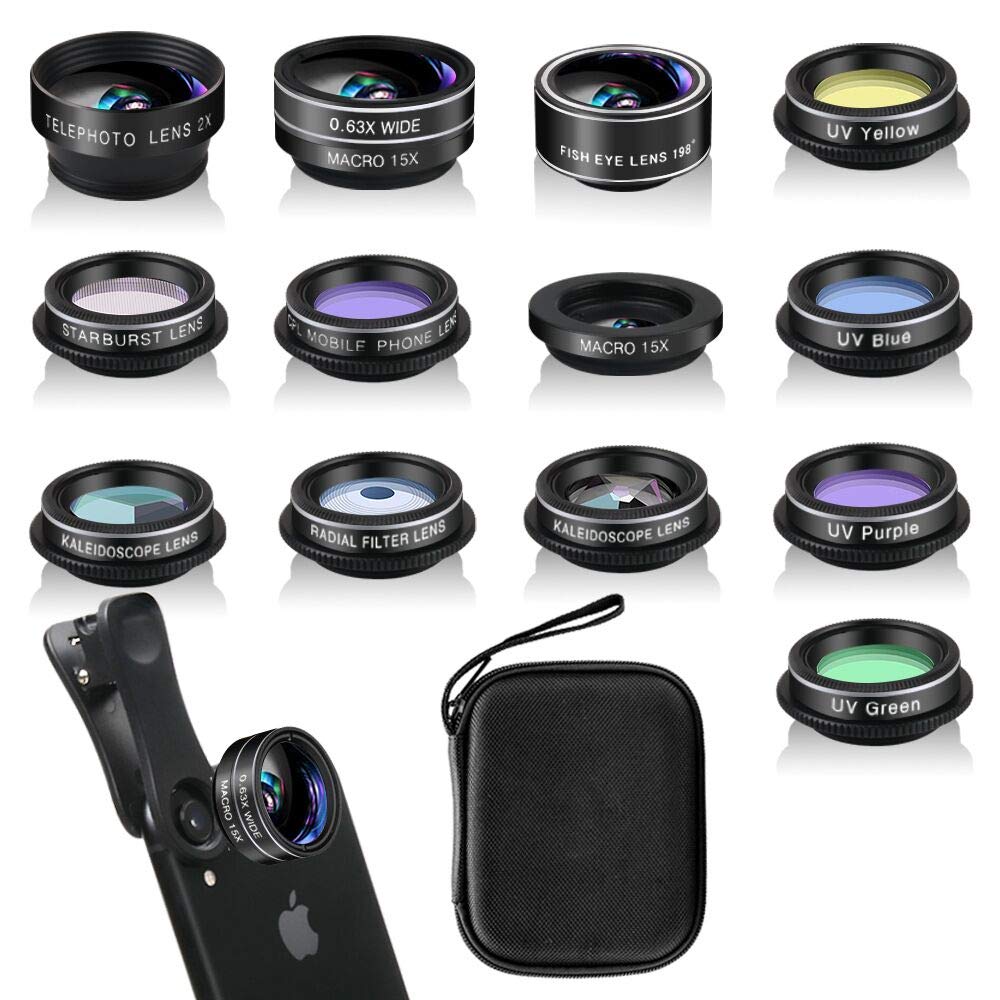 Phone Camera Lens Kit (13 Pieces) for iPhone 11 Xs 10 8 7 6 Plus SE Samsung and Most Andriod Phone- Wide Angle Lens & Macro Lens+Fisheye Lens and More