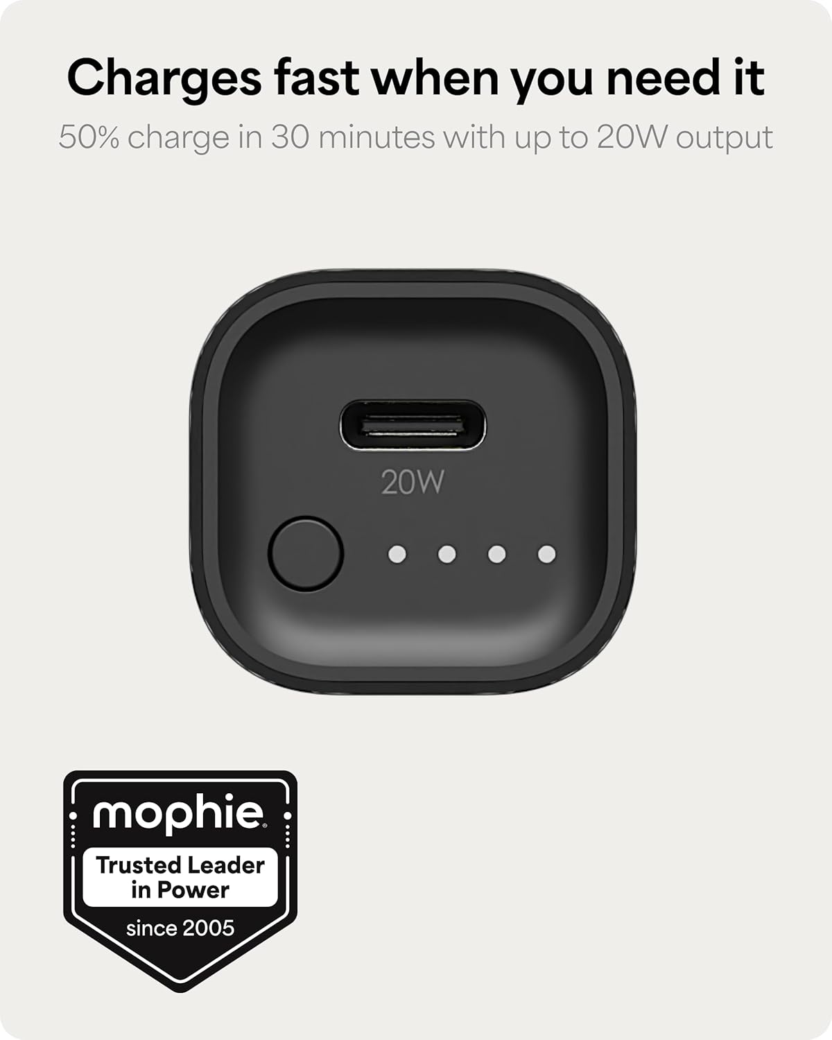 Mophie Powerstation Mini 5,000mAh Portable Power Bank (Gen 3) – Ultra-Fast USB-C PD, 20W Output, Up to One Full Phone Charge, Pocket-Sized, LED Indicator, Includes USB-C Cable, Black