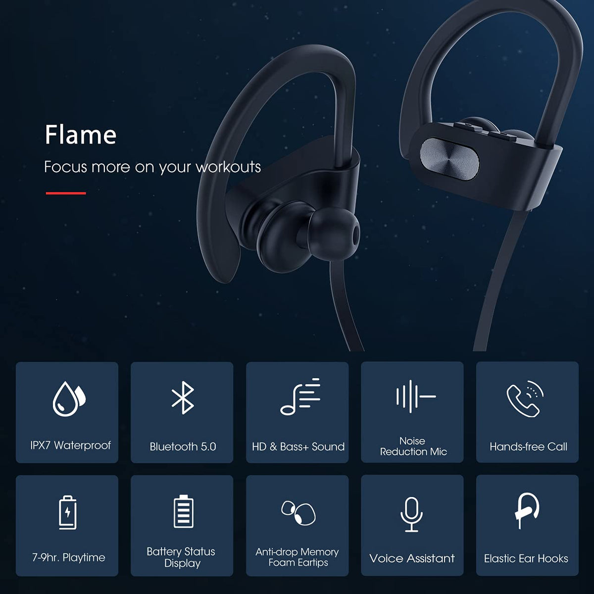 Redzoo Bluetooth Headphones V5.0,Running Headphones w/16 Hrs Playtime, Bass+ HD Stereo Wireless Sports Earphones w/IPX7 Waterproof Earbuds in Ear