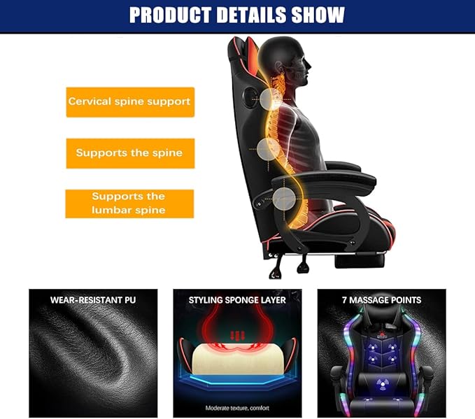 Video Gaming Chair with Speaker and RBG LightErgonomic Gaming Chair with Footrest and Massage Function90°-135° Comfortable Computer Reclining ChairAdults Teens Computer Chair.Red