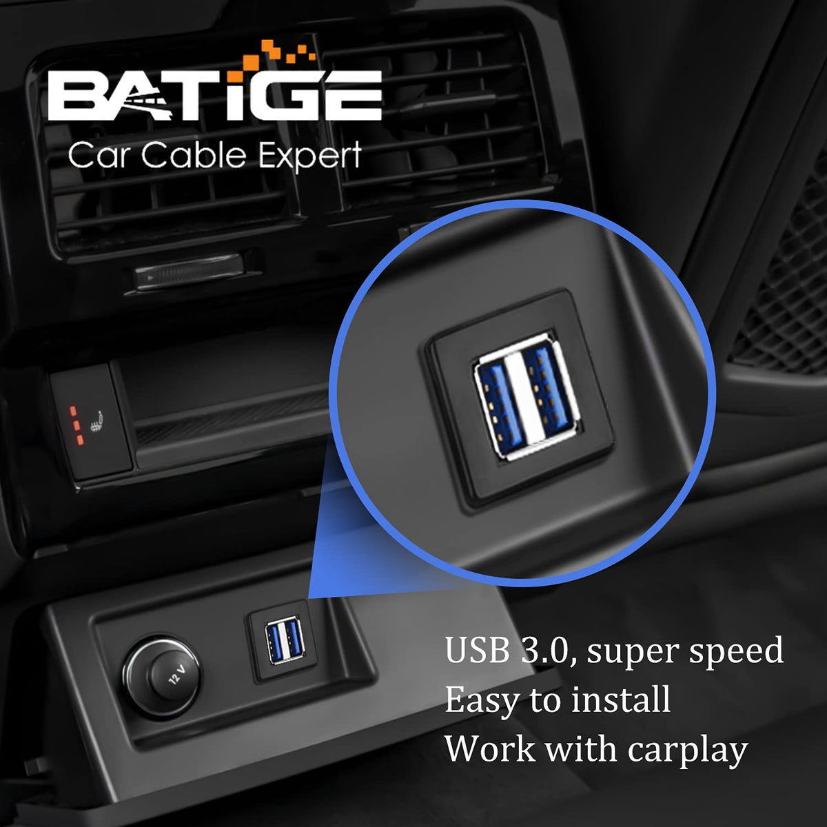 BATIGE Dual Ports Square USB 3.0 Panel Flush Mount Extension Cable for Car, Truck, Boat, 1ft