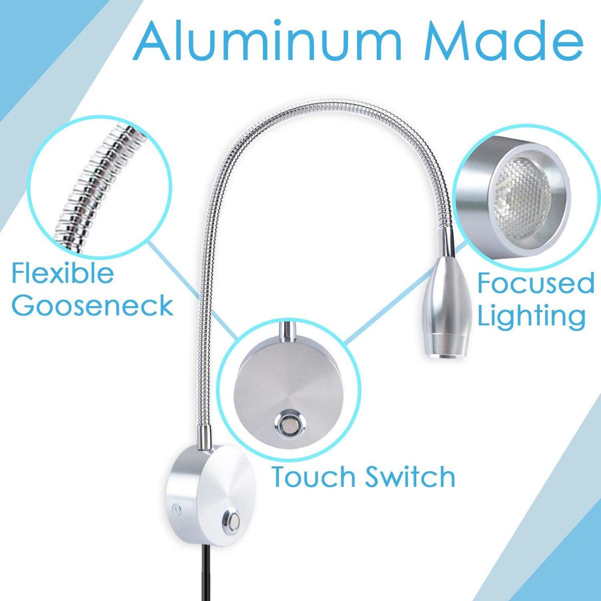 Adust Reading Lights for Books in Bed, Bedside Reading Lamp, 3W LED Dimmable Wall Mount Lamp, Adjustable Colour