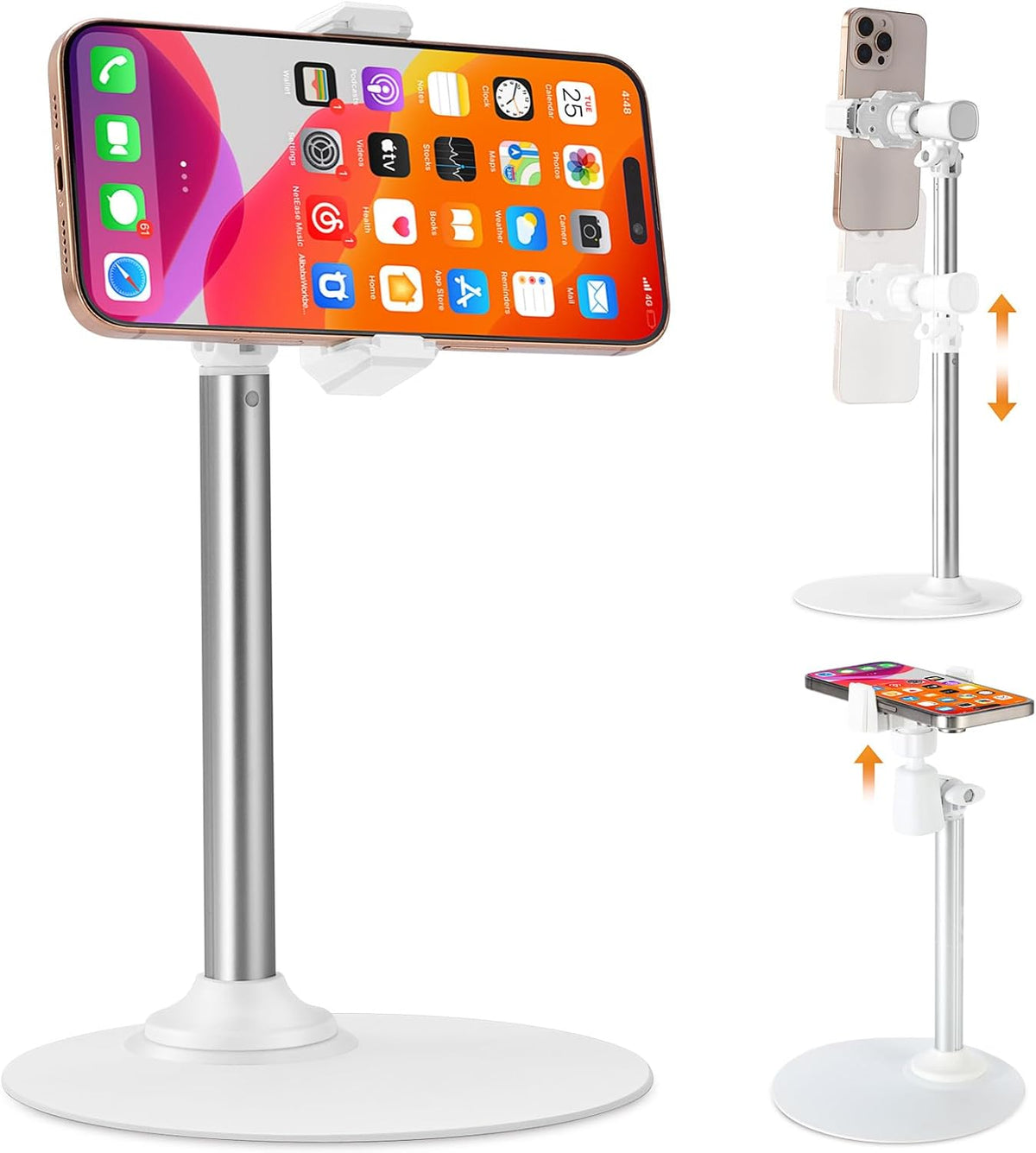 Adjustable Phone Stand for Desk with Clip Mount Live Streaming: 360° Rotatable Overhead Shot Holder with Sturdy Metal Base, Compatible with TikTok, YouTube, Zoom Video Recording (White)