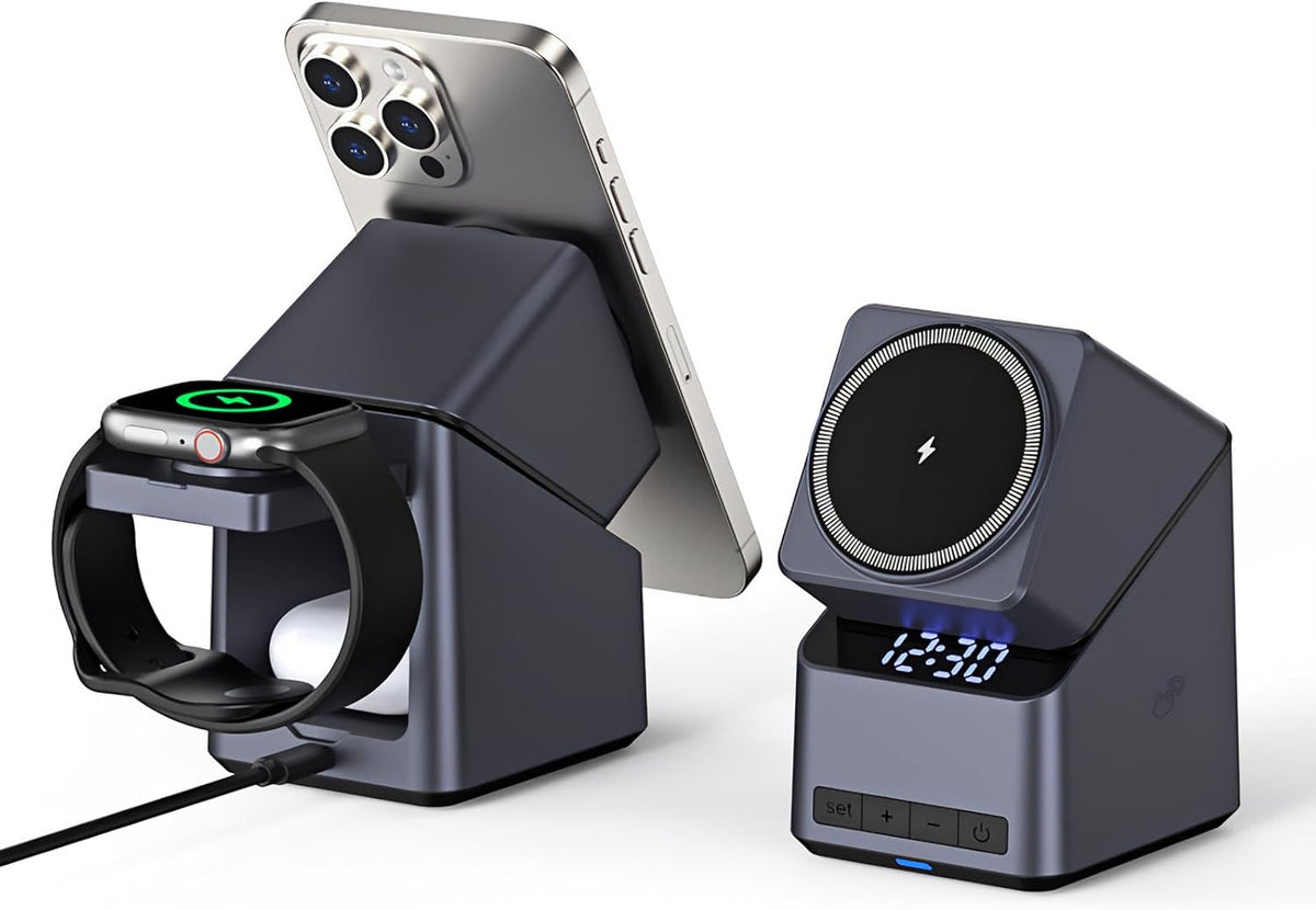 4-in-1 Charging Station Compatible with Magsafe, 15W Fast Wireless Charger Stand with LED Clock, Adjustable Metel Phone Stand for iPhone 16/15/14/13/12 Series, Apple Watch, AirPods