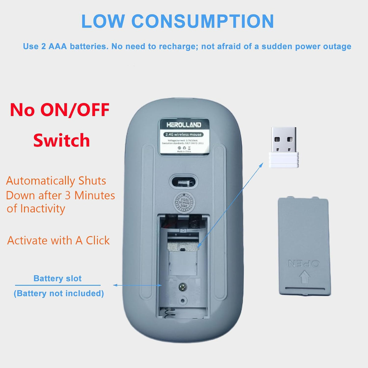 Herolland 2.4G 3 Battery Wireless Mouse, Noiseless Mouse with USB Receiver - Slim Portable Computer Mice, DPI Quiet