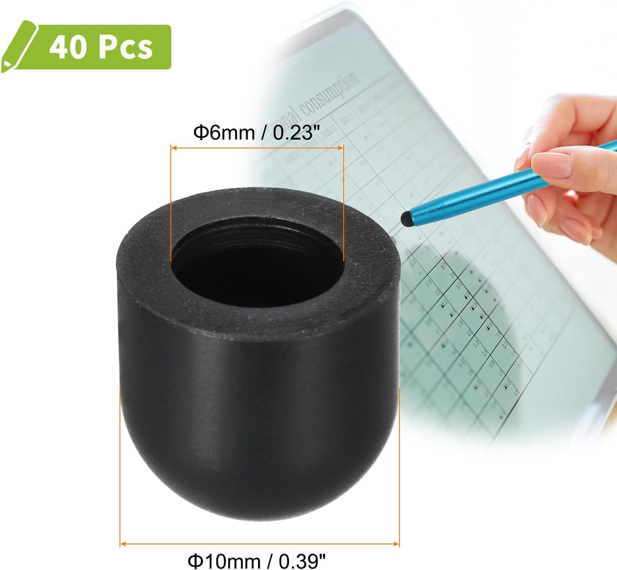 MECCANIXITY 40Pcs Replacement Stylus Pen Tips 10mm Conductive Capacitive Touch Screen Pens Tips Silicone Rubber, Black