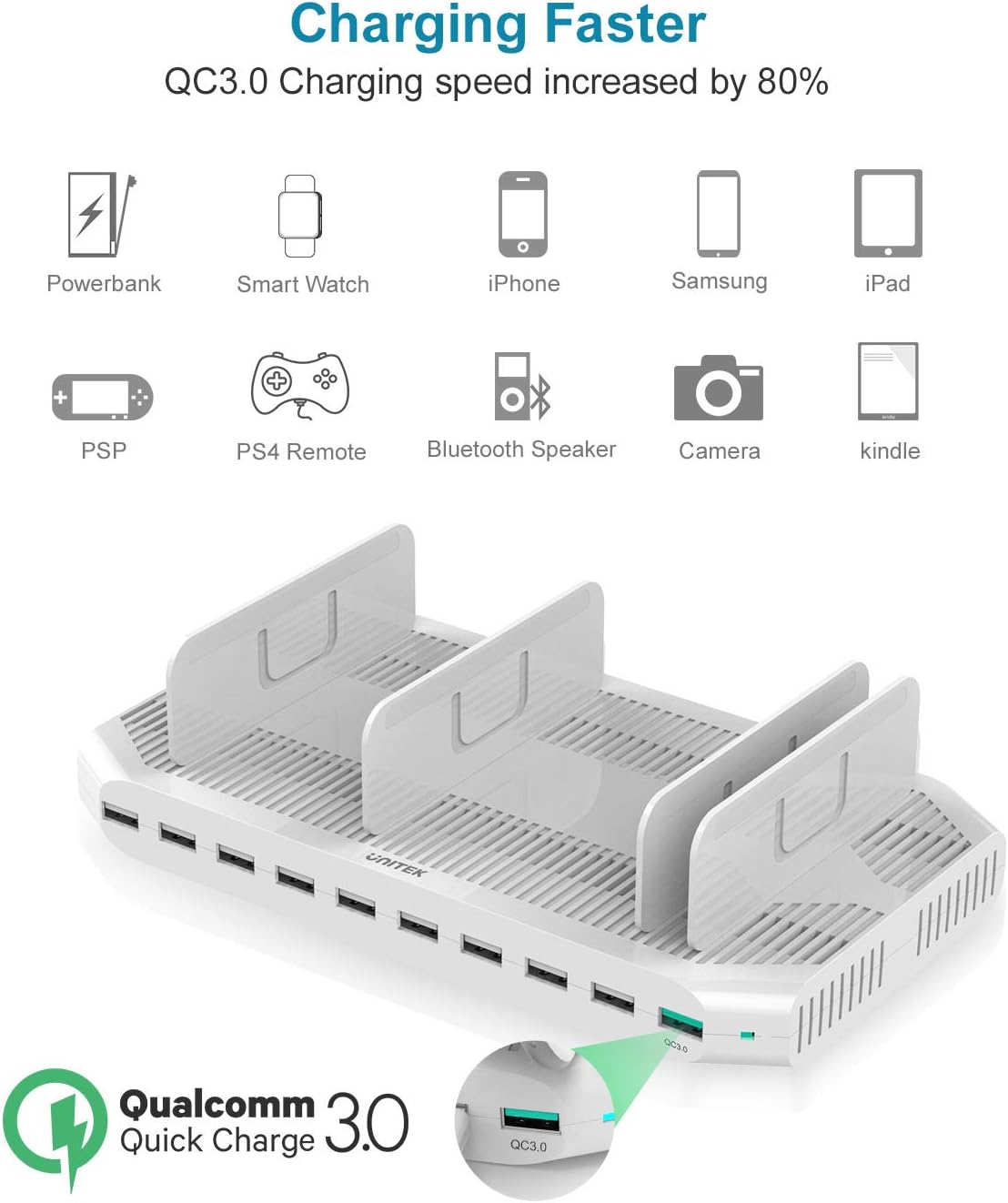 Unitek Charging Station for Multiple Devices, USB Charging Dock with Adjustable Dividers, QC 3.0 and SmartIC, iPhone, iPad, Tablet Organizer Stand-(UL Certified)