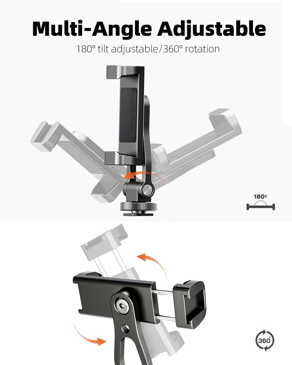 All Metal Phone Tripod Mount, 360° Rotation Tripod Phone Mount with 2 Cold Shoes, Adjustable Cell Phone Mount Adapter with 1/4" Thread, Compatible with iPhone Android Phones, Digital Camera