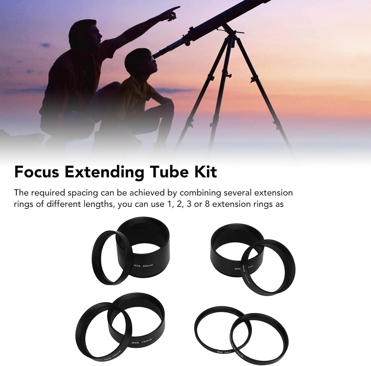 Astronomical Extension Tube, 8Pcs M48 Focal Length Extension Tube Kit for Telescope, Cameras, Eyepieces