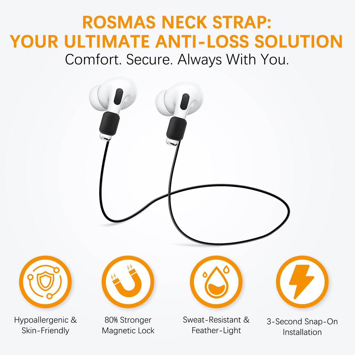 Rosmas Strong Magnetic Anti-Lost Straps for AirPods, Silicone Sports Neck Rope Cord,Compatible with AirPods Pro3/2/1,AirPod 4 (1, Orange)