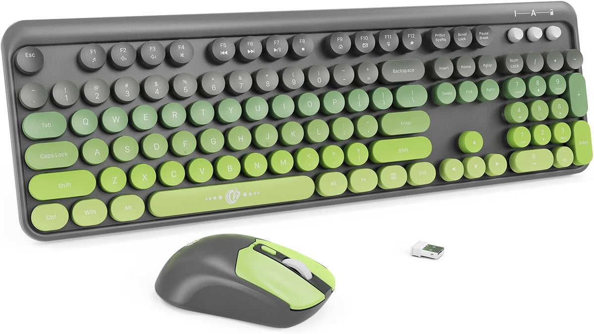 Wireless Keyboard and Mouse Combo, 104 Round Keys Cute Colorful Keyboard and Mouse with Retro Typewriter for PC/Mac/Laptop/Tablet/Computer/Windows Gray Green