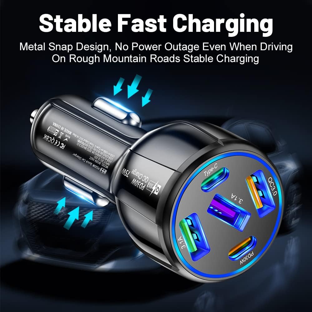 75W USB C Car Charger, 5-Port Adapter, PD & QC3.0 Fast Charging Cigarette Lighter USB Charger for iPhone/Android/Samsung