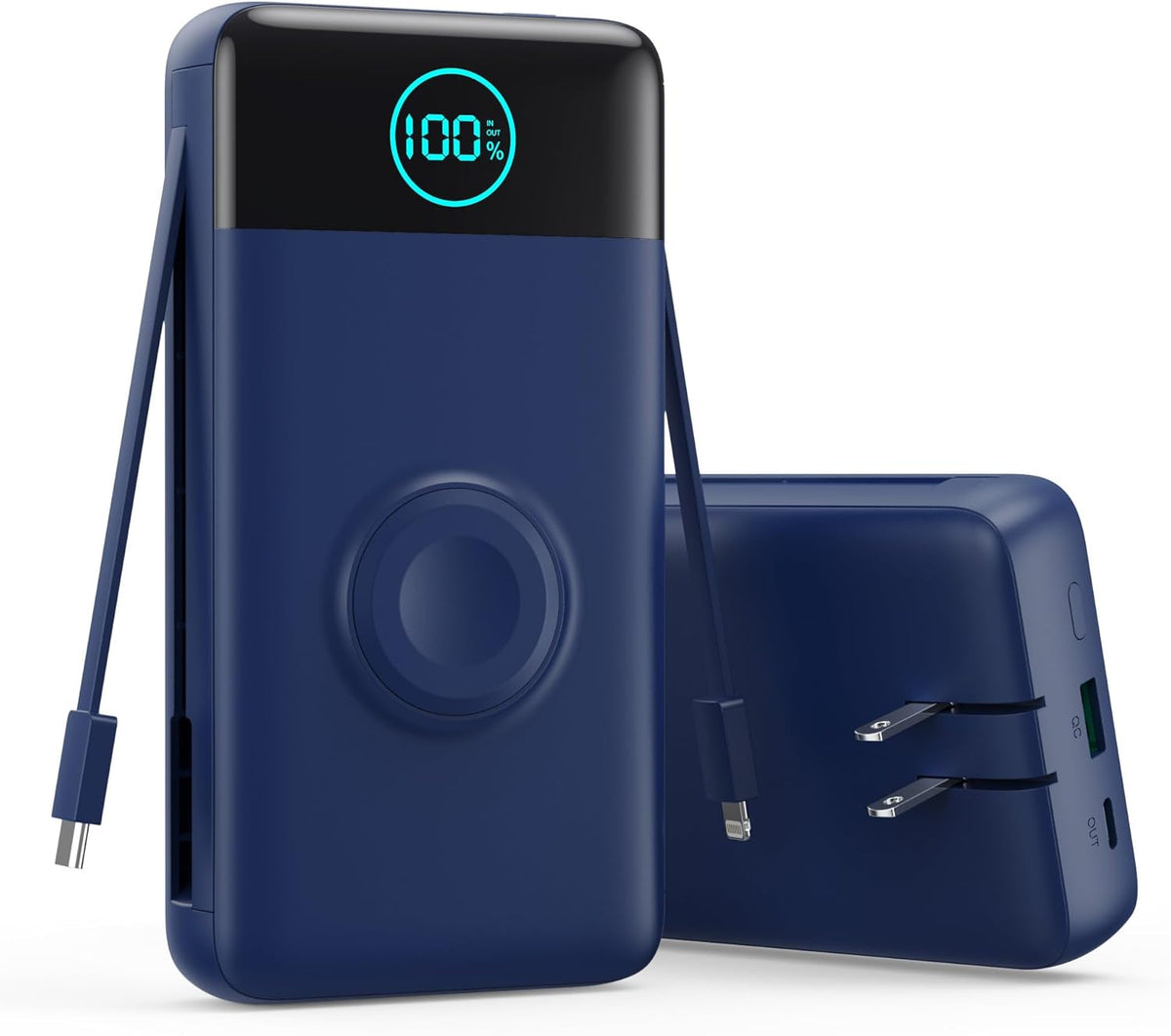 Portable Charger 40800mAh Power Bank with Built-in Cables,Wall Plug and iWatch Charger,6-in-1 QC4.0+25W PD USB C Fast Phone Charging,LCD Display Battery Pack for iPhone 16/15,Apple Watch,Galaxy-Navy