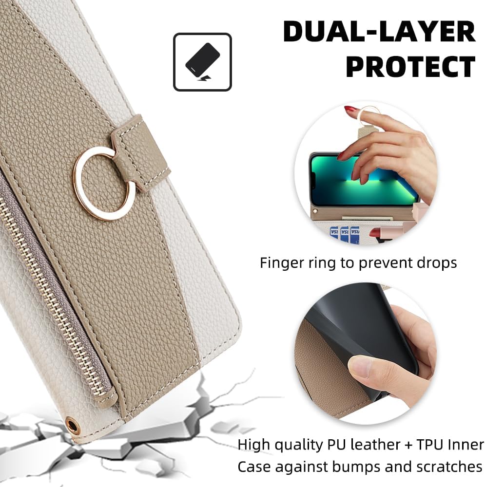 Asuwish iPhone 15 Plus Case: 6.7" Wallet Cover, Screen Protector, Mirror Flip, Card Holder, Crossbody Strap - White