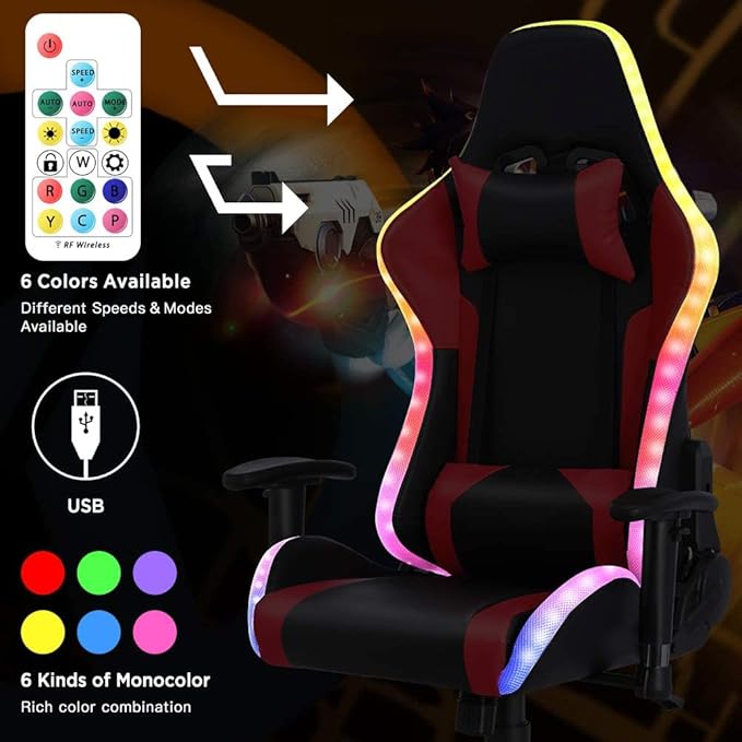 Gaming Chair Massage with Bluetooth Speakers and Led Lights Ergonomic Computer Gaming Chair with Footrest RGB Video Game Chair with High Back Lumbar SupportPink