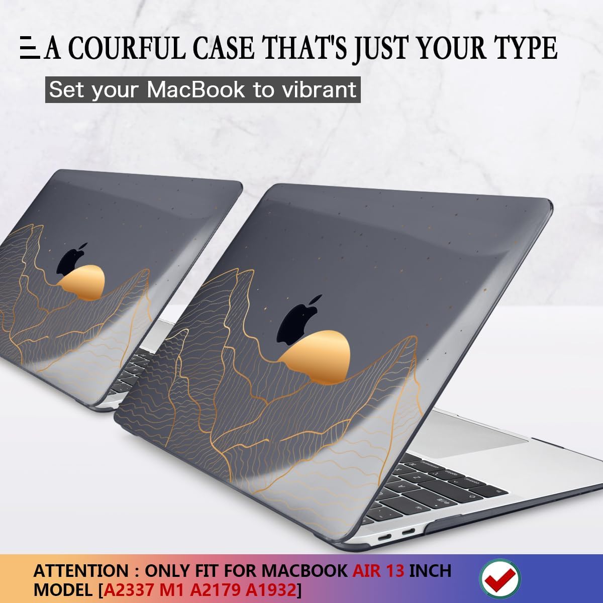 CISSOOK Compatible with MacBook Air 13 Inch M1 Case 2022 2021-2018 Release A2337 A2179 A1932, Crystal Black Plastic Hard Shell Case Cover for MacBook Air 13" with Touch ID, Sun & Mountain