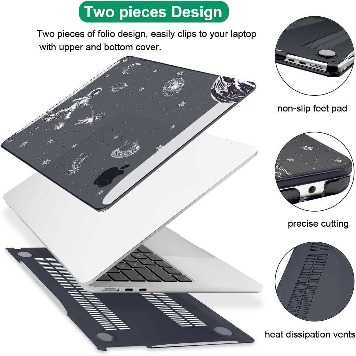 for MacBook Air 13.6 inch Case 2025 2024 2023 2022 Release M4 A3240 M3 A3113 M2 A2681, Black Printed Plastic Hard Shell Case Cover for Mac Air 13.6 M4 Chip Touch ID, Astronauts Space Dog