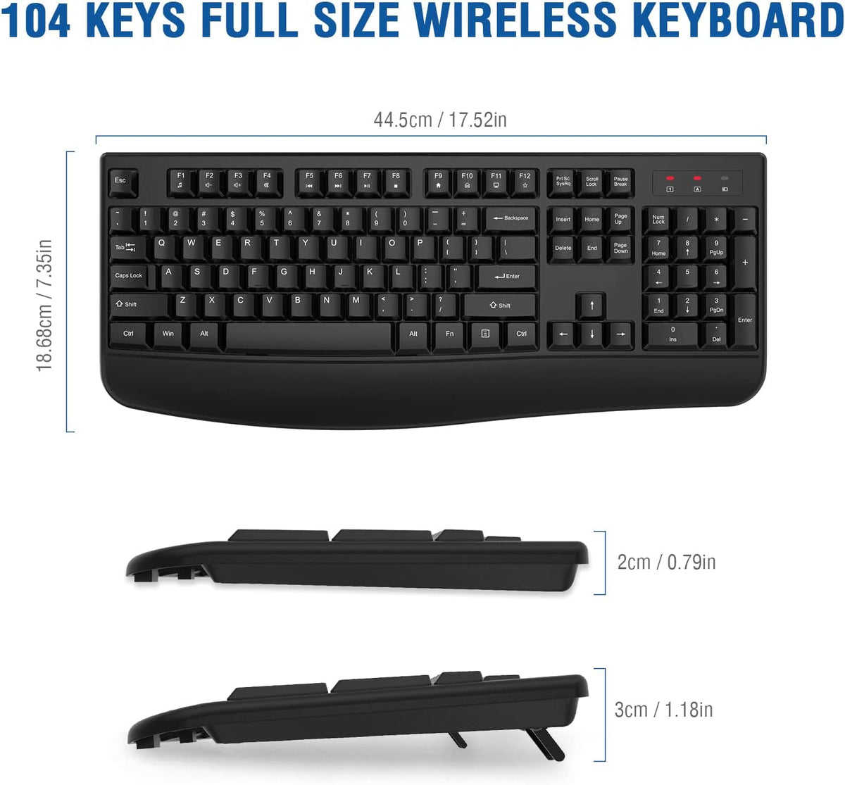 EDJO Wireless Keyboard, 2.4G Ergonomic Full Size Wireless Computer Keyboard with Wrist Rest for Windows, Mac OS