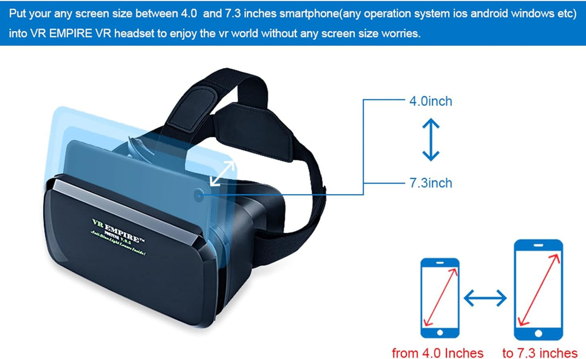 Cell Phone VR Headset, Virtual Reality Glasses for TV Movies, Compatible with iOS, Android, 4.7” to 7.3” Screens