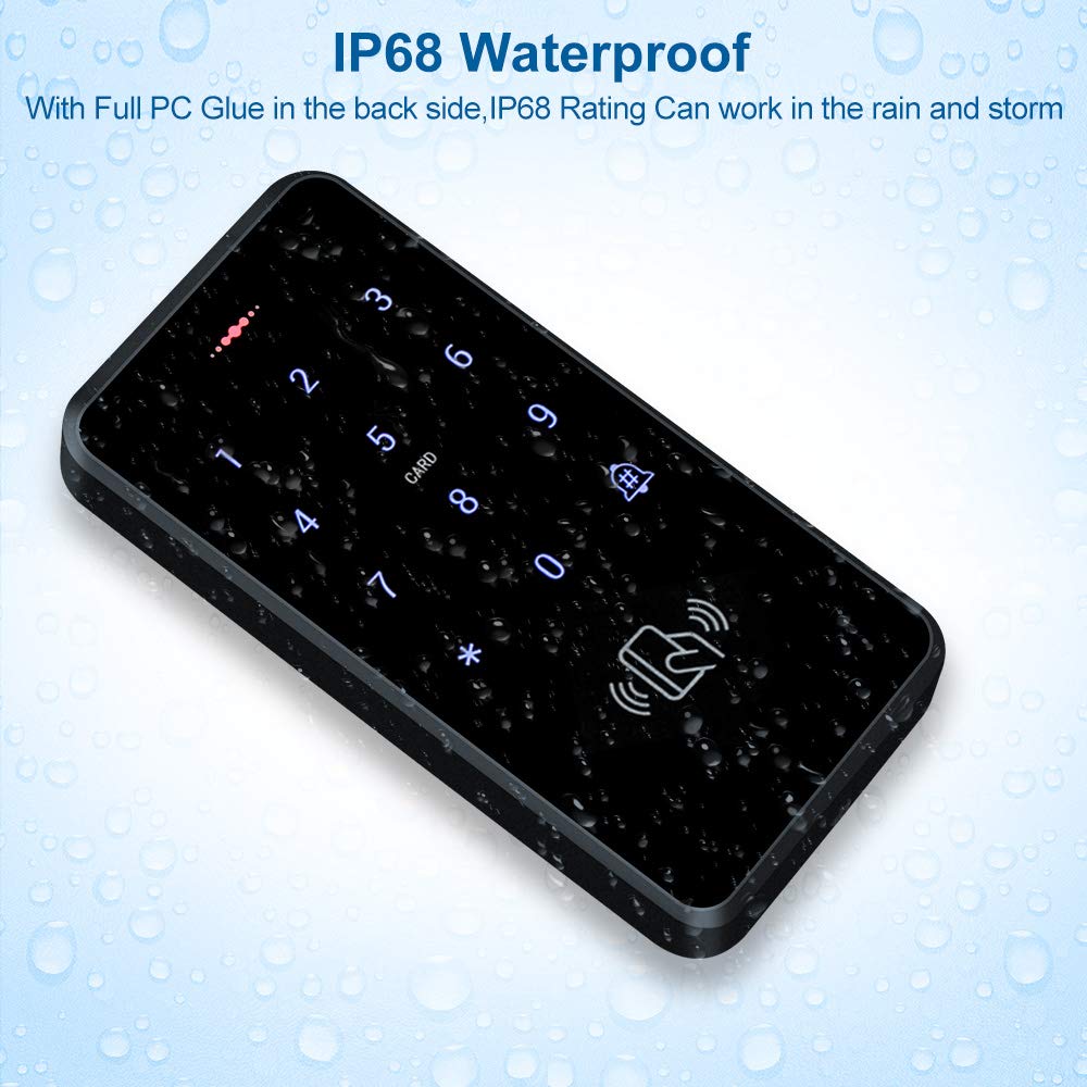 HFeng Outdoor Door Access Control System Kit IP68 Waterproof RFID Keypad Card Reader + Power Supply + Door Exit Button +10pcs Keyfobs (Without Lock)