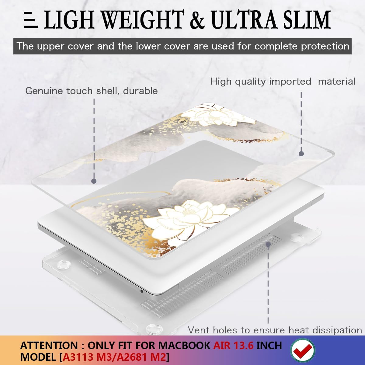 CISSOOK for MacBook Air 13.6 inch Case 2025 2024 2023 2022 Release Model M3 A3113 M2 A2681, Lotus Hard Shell Case Keyboard Cover for MacBook Air 13 M2 M3 M4 Chip, Charming Painting