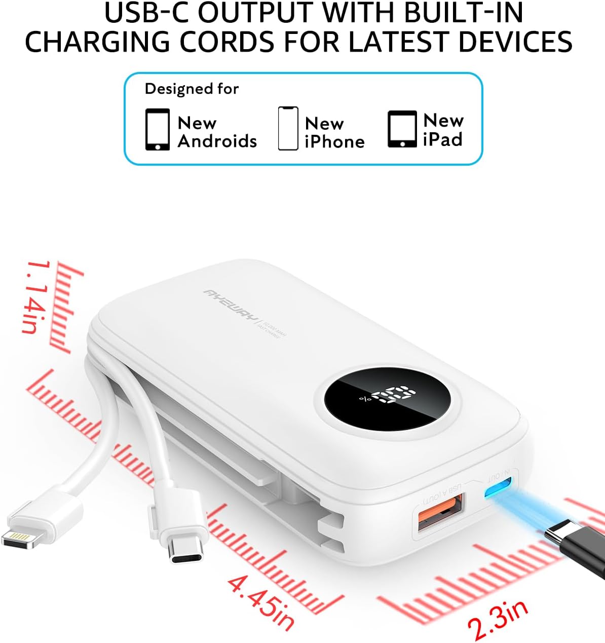 Ayeway Small Power Bank - 10,000mAh USB C Fast Charge Battery Pack with Built-in Cable, Lightweight External Backup