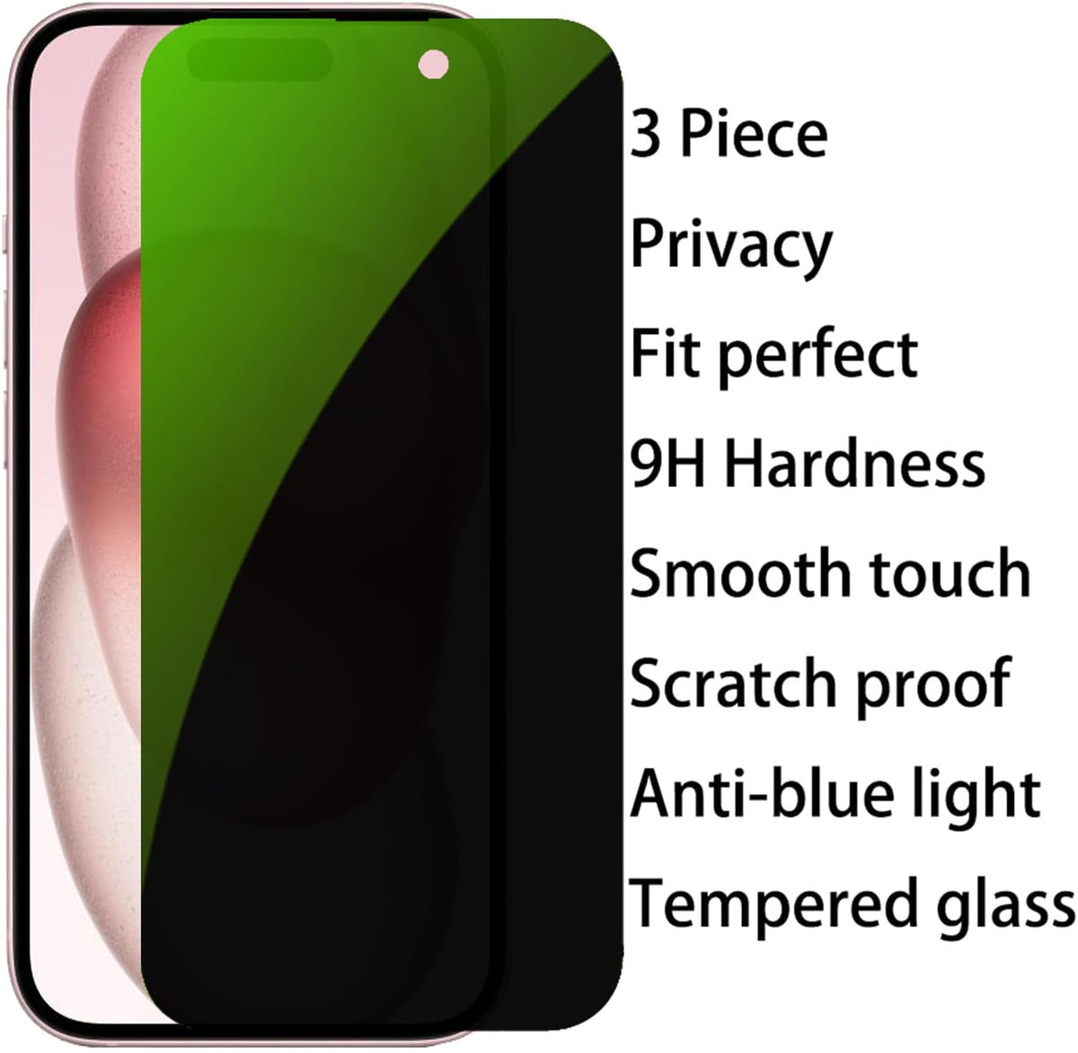3 PCS Anti-Spy Tempered Glass for iPhone 15 Plus - 9H Hardness, Anti-Peeping, 6.7" Screen Protector (Green)