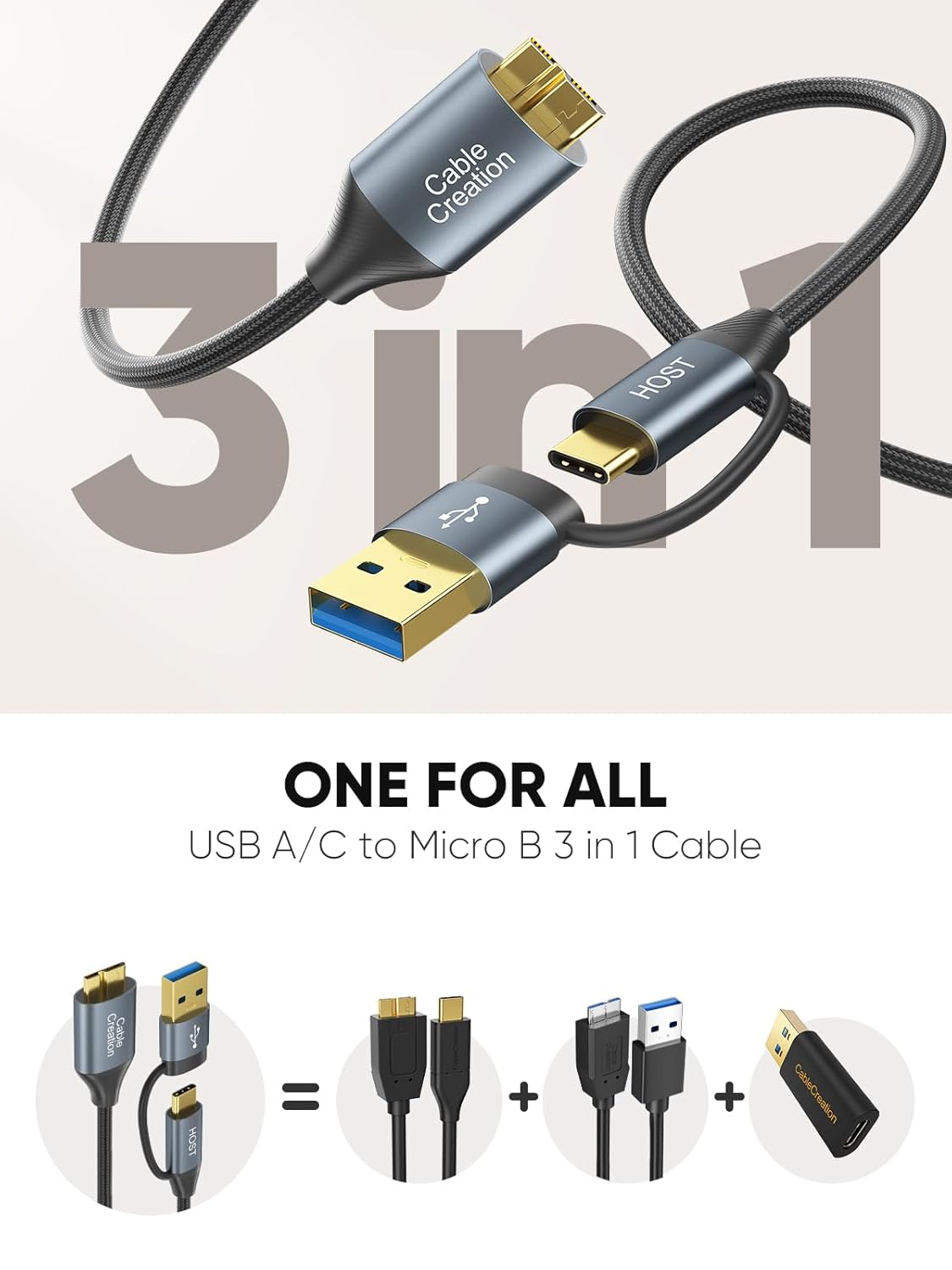 CableCreation USB C Hard Drive Cable 3FT, 5Gbps USB A/C to Micro B, USB 3.0 Cable Compatible with iPhone 15 Plus/15 Pro Max, WD, External Hard Drive, and Camera, Grey